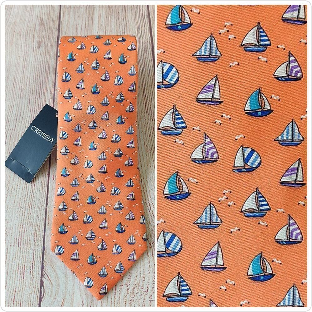 Daniel Cremieux 100% silk orange sailboat tie NWT